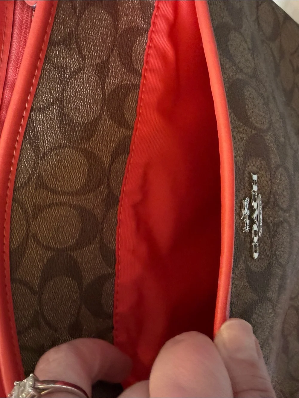 COACH Signature File Crossbody Bag (F58297) Brown Khaki, Bright Orange Straps